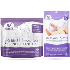 Medcosa No Rinse Shampoo Caps & Adult Wash Gloves Bundle – Waterless Hair & Body Kit – Unscented, Alcohol-Free, & Rinse-Free Shampoo Caps with Aloe Vera – Ideal for Elderly & Bedridden Care