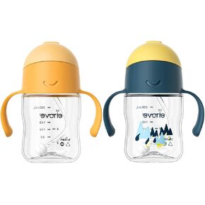 Evorie Tritan Weighted Straw Baby Sippy Cup 7 Oz Leak Poof with Handles for 6 Months Above, Twin Bundle (Apricot + Bumble Bee)