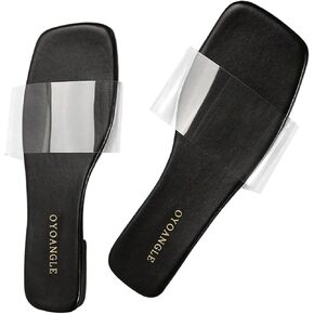 OYOANGLE Women's Clear Square Open Toe Sandals Pu Leather Flat Slide On Sandals Transparent Outdoor Slippers