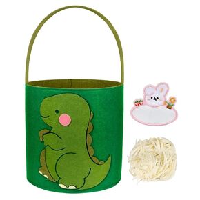 Cute Themed Easter Basket - Large Empty Felt Basket with Handle, Personalized Name Tag Patch, Raffia, Perfect for Kids, Boys, Girls, Toddler in Easter Egg Hunts and Gifts, Green Dinosaur