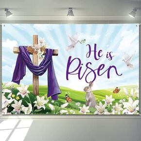 Easter Decorations He is Risen Banner 72" x 48" Backdrop Cross Lily Religious Christian Photography Sping Summer Seasonal Holiday Backdrop for Indoor Outdoor Garden,Yard,Party Home Decorations