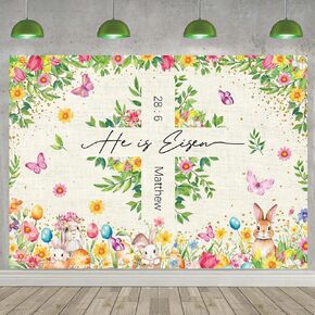 Happy Easter Backdrop Photography He is Risen Decorations Background Jesus Cross Backdrop Spring Easter Egg Rabbit Flower Banner for Party Church Photo Prop Booth (6X4FT(72 x 48 inch))