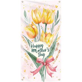 Happy Mother's Day Door Cover Banner Flag Decorations Yellow Tulip Flowers Seasonal Holiday Party Supplies Banner Decorations Backdrop 3x6Ft/90x180cm