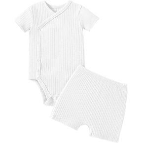 SOBOWO Newborn Boy Girl Clothes Summer Infant Ribbed Set Solid Short Sleeve Baby Side Snap Bodysuit Shorts Coming Home Outfit in Kuwait