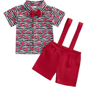 Toddler Baby Boy Watermelon Outfit Short Sleeve Lapel Neck Shirt Tops Suspender Shorts 2 Piece Clothes Sets
