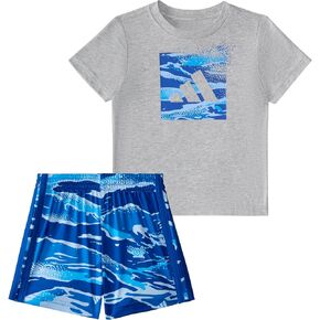 adidas baby-boys Short Sleeve Cotton Heather Tee Shirt and Aop Camo Short Set