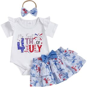 My First 4th of July Baby Girl Outfit American flag Romper Skirt Dress Headband Set Newborn Independence Day Clothes
