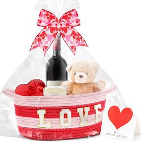 Small Woven Basket with Gift Bag Bow and Greeting Card, Basket for Gift Empty with "Love" Alphabet Stickers, Cute Baby Gift Basket for Nursery, 12 x 8 x 5.5" Rope Basket with Handles(Red & Pink)