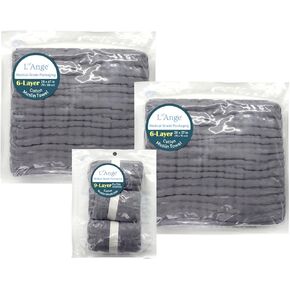 L'Ange Baby Towel and Baby Washcloths Bundle - 100% Cotton Muslin for Sensitive Skin - Super Absorbent - Medical Grade Packaging for Infants Newborns - 6 Layer Towels and 9 Layer Washcloth - Gray