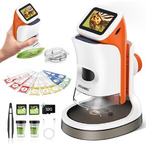 USCAMEL Handheld Microscope for Kids 6-12 with Stand, 100-1000x Portable Digital Microscope with Screen 4k 2.0" LCD Screen USB Rechargeable with Science Kits, 15pcs Slides, 32G Memory Card