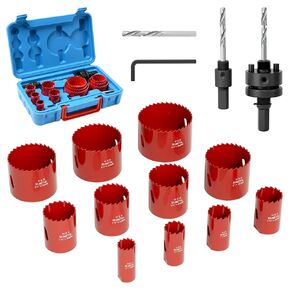 17Pcs Multi-Size Hole Saw Set, 3/4" to 2-1/2" Bi-Metal Saw Blades, 3 Drill Bits, 2 Mandrels, and Hex Key, Hole Saw Tools for Thin Metal, Wood,PVC, Plastic, Drywall