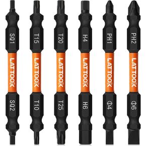 6-Pieces Multi-bit Screw Drivers, LATTOOK Double-Ended Bits with Magnetic, Impact-Rated Screwdriver Bits for Hex/Torx/Phillips/Slotted/Square, H4, H6, T10, T15, T20, T25, PH2, PH1, SL4, SL6, SQ1, SQ2