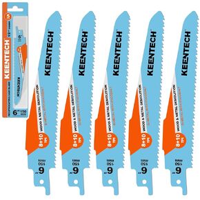 KEENTCH Sawzall Blades Metal and Wood Demolition, 6 Inch 8+10TPI, M42 Bi-Metal Reciprocating Saw Blade with 8% Cobalt for Sheet Metal, Metal Pipe, Drywall, FRP, Composite Material Demolition 5 Pack
