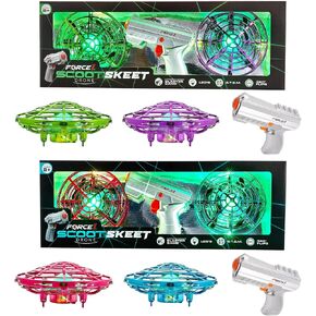 Force1 Scoot Skeet Drone Electronic Shooting Game Bundle - 4 Hand Drones for Kids with 2 LED Toy Gun, Ultimate Electronic Target Game Set, Indoor Mini Drone Flying Toys -(Pink/Blue) and (Purple/Green)