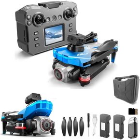 RC Drone With Screen Display, Dual Camera, Stunt Rolling, Optical Flow Hover, LED Lights, Speed Adjustment, Impact-Resistant ABS Shell, Quadcopter, 2 Batteries, Memory Card, Card Reader, Handbag,Blue