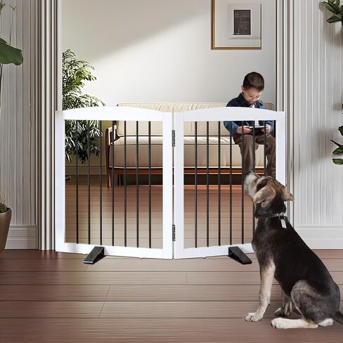Freestanding Dog Gate Indoor Dog Gates for Doorways Foldable Wooden White Pet Gate for The House,Dog Fence for Stairs,Puppy Gate,Support Feet Included,32" Height-4 Panels in Saudi Arabia