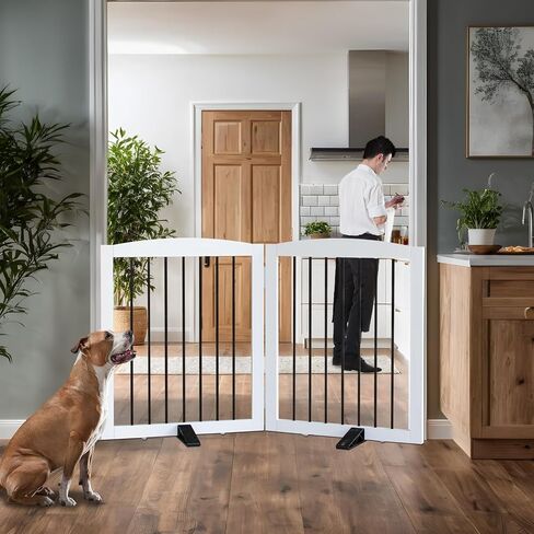 Freestanding Dog Gate Indoor Dog Gates for Doorways Foldable Wooden White Pet Gate for The House,Dog Fence for Stairs,Puppy Gate,Support Feet Included,32" Height-4 Panels in Saudi Arabia