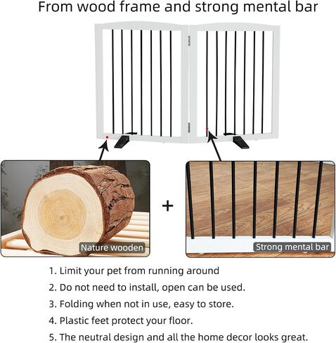 Freestanding Dog Gate Indoor Dog Gates for Doorways Foldable Wooden White Pet Gate for The House,Dog Fence for Stairs,Puppy Gate,Support Feet Included,32" Height-4 Panels in Saudi Arabia