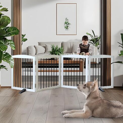 Freestanding Dog Gate Indoor Dog Gates for Doorways Foldable Wooden White Pet Gate for The House,Dog Fence for Stairs,Puppy Gate,Support Feet Included,32" Height-4 Panels in Saudi Arabia