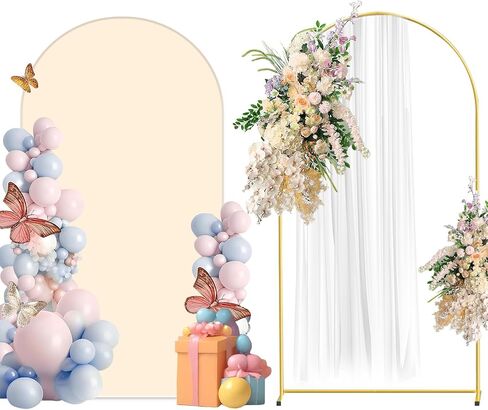 Metal Arch Backdrop Stand and Cover Set, 7.2FT White Reusable Spandex Fitted Backdrop Cover and Gold Wedding Arch Frame for Baby Shower, Birthday, Parties Decoration. in Saudi Arabia