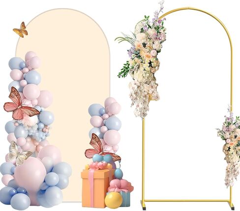 Metal Arch Backdrop Stand and Cover Set, 6FT White Reusable Spandex Fitted Backdrop Cover and Gold Wedding Arch Frame for Baby Shower, Birthday, Parties Decoration. in Kuwait