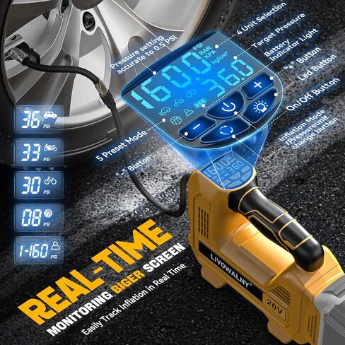 LIVOWALNY Cordless Tire Inflator Air Compressor for Dewalt 20V Max Battery, Portable Handheld Air Pump with Digital Pressure Gauge for Cars Motorcycles Bikes Sport Balls(Battery Not Included) in Saudi Arabia