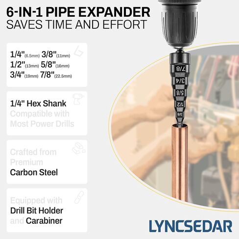 6-in-1 Copper Tube Expander, Swadge Tool HVAC, Drill Bit for 1/4'', 3/8'', 1/2'', 5/8'', 3/4'', and 7/8'' Soft Copper Pipe, Hex Shank, Swaging Tool for Air Conditioner Repair in Saudi Arabia