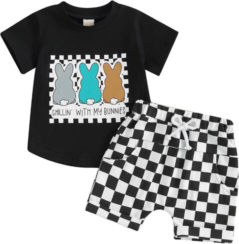 Springcmy Toddler Baby Boy Easter Outfit Bunny Carrot Short Sleeve T-Shirt Elastic Waist Shorts Set Summer 2pcs Clothes in Saudi Arabia