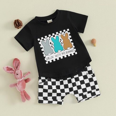 Springcmy Toddler Baby Boy Easter Outfit Bunny Carrot Short Sleeve T-Shirt Elastic Waist Shorts Set Summer 2pcs Clothes in Saudi Arabia