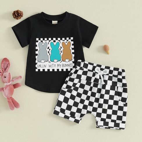 Springcmy Toddler Baby Boy Easter Outfit Bunny Carrot Short Sleeve T-Shirt Elastic Waist Shorts Set Summer 2pcs Clothes in Saudi Arabia