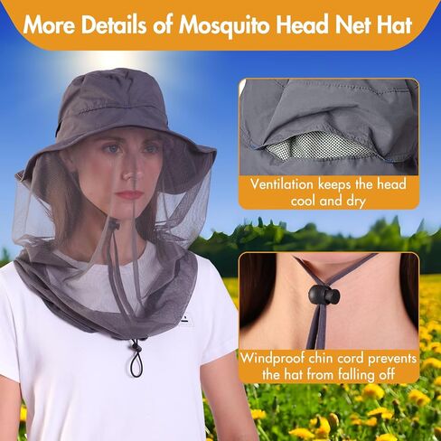 Mosquito Head Net Hat - Sun Hat Bug Net for Head, Mosquito Hats with Hidden Netting and Neck Flap, for Gardening Beekeeper Fishing Hiking Safari, Men & Women Grey in Kuwait