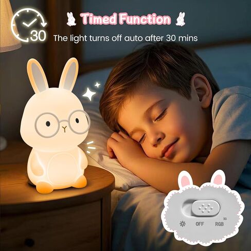 Bunny Nursery Night Light for Kids, 7-Color RGB Mode, 3-Level Brightness Warm Light Mode, Touch Control, 30Min Auto-Off Timer, Rechargeable Type-C, BPA-Free & Food-Grade Silicone, Easter Gift, Pink in Kuwait