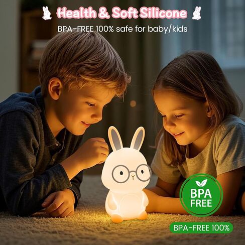 Bunny Nursery Night Light for Kids, 7-Color RGB Mode, 3-Level Brightness Warm Light Mode, Touch Control, 30Min Auto-Off Timer, Rechargeable Type-C, BPA-Free & Food-Grade Silicone, Easter Gift, Pink in Kuwait