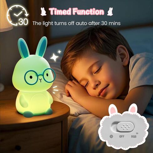 Bunny Nursery Night Light for Kids, 7-Color RGB Mode, 3-Level Brightness Warm Light Mode, Touch Control, 30Min Auto-Off Timer, Rechargeable Type-C, BPA-Free & Food-Grade Silicone, Easter Gift, Pink in Kuwait