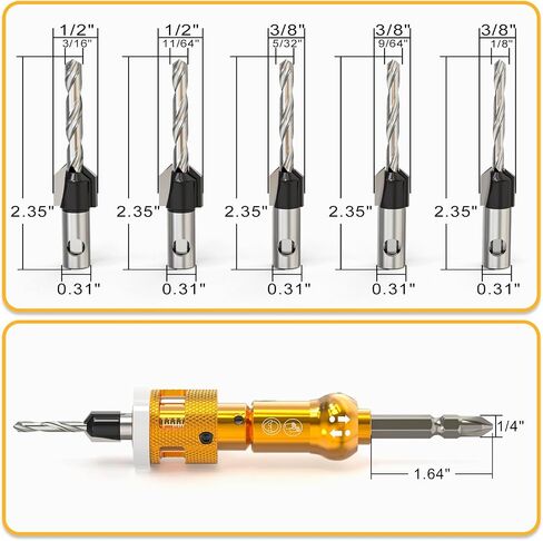 3pcs countersink bit pricket مع توقف عمق بت قابل للتعديل 1/4 "سداسي سداسي ، HSS M2 بتات مدببة 1/8" 9/64 " in Saudi Arabia