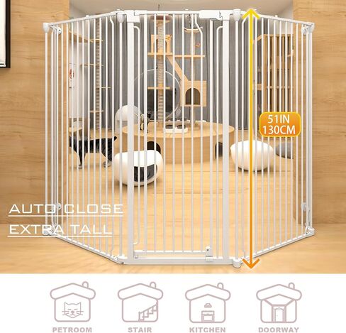 51" Extra Tall Cat Gate for Cats – 57.4" to 81" Extra Wide Cat Gate for Doorway,Auto Close 3-Panel Durable Pet Gate Indoor Use, Metal Dog Gate for Kitchens, Doorways & Stairs (White) in Saudi Arabia