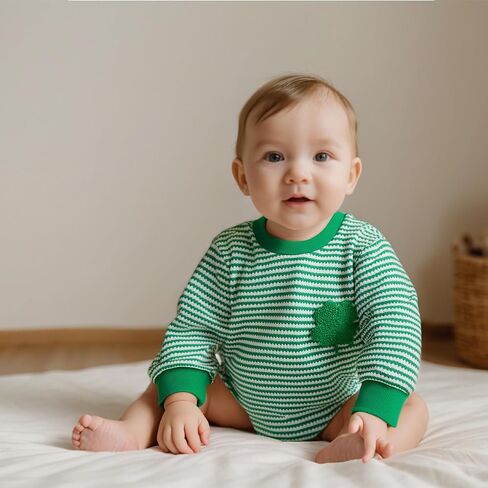 Visgogo Baby Sweatshirt Romper مخطط القلب/clover waffle St.Patrick يوم طويل الأكمام in Kuwait