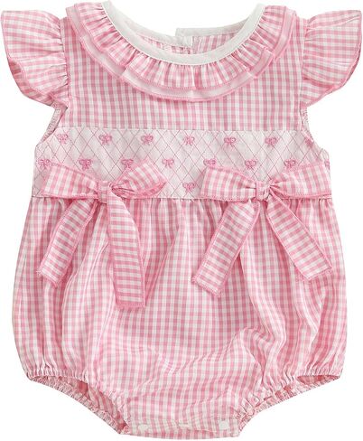 Newborn Baby Girl Summer Outfit Bow Smocked Bubble Romper Doll Collar Plaid Bodysuit Fly Sleeve Jumpsuit Clothes in Saudi Arabia
