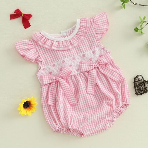 Newborn Baby Girl Summer Outfit Bow Smocked Bubble Romper Doll Collar Plaid Bodysuit Fly Sleeve Jumpsuit Clothes in Saudi Arabia