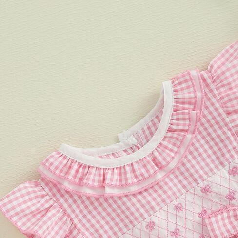 Newborn Baby Girl Summer Outfit Bow Smocked Bubble Romper Doll Collar Plaid Bodysuit Fly Sleeve Jumpsuit Clothes in Saudi Arabia