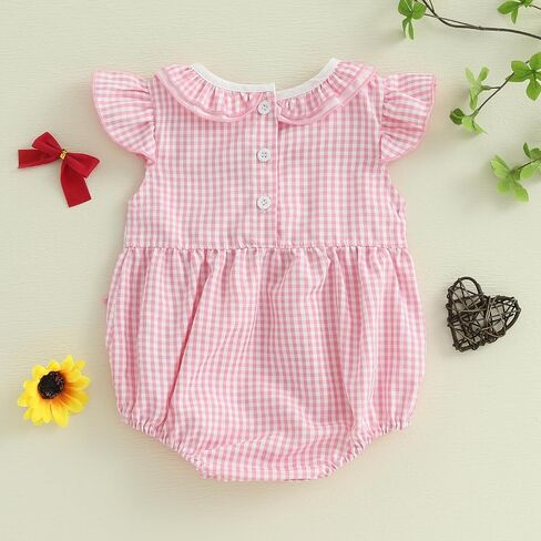 Newborn Baby Girl Summer Outfit Bow Smocked Bubble Romper Doll Collar Plaid Bodysuit Fly Sleeve Jumpsuit Clothes in Saudi Arabia