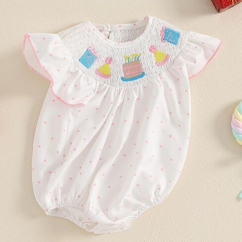 Baby Girls Birthday Bubble Romper Cap Sleeve Cake Embroidery Smocked Ruffle Bodysuit Outfits in Kuwait
