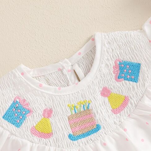 Baby Girls Birthday Bubble Romper Cap Sleeve Cake Embroidery Smocked Ruffle Bodysuit Outfits in Kuwait