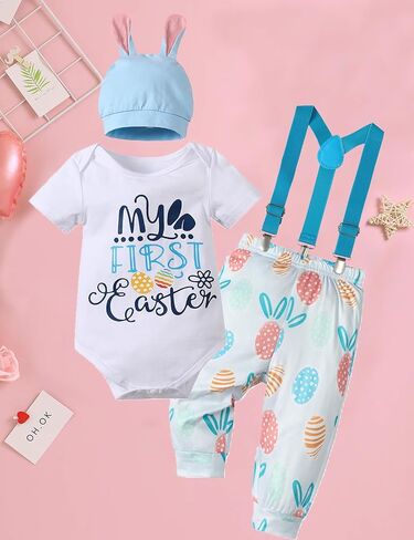 Baby Boy My 1st Easter Outfit 3Pcs Baby Eater Outfit Romper,Suspender Pants with Hat in Saudi Arabia
