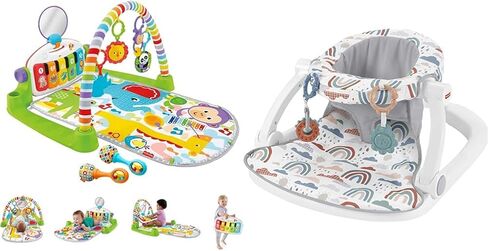 Fisher-Price Baby Playmat Kick & Play Piano Gym with Musical and Sensory Toys for Newborn to Toddler, Navy Fawn & Portable Baby Chair Sit-Me-Up Floor Seat with Developmental Toys in Kuwait