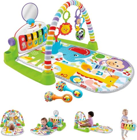 Fisher-Price Baby Playmat Kick & Play Piano Gym with Musical and Sensory Toys for Newborn to Toddler, Navy Fawn & Portable Baby Chair Sit-Me-Up Floor Seat with Developmental Toys in Kuwait