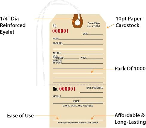 SmartSign (Pack of 100) 5.25 x 2.625 inch Numbered Repair Tags with Pre-Attached String and Stub (Size - 6), 10 Point Manila Cardstock in Saudi Arabia