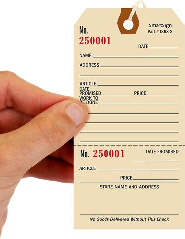 SmartSign (Pack of 100) 5.25 x 2.625 inch Numbered Repair Tags with Pre-Attached String and Stub (Size - 6), 10 Point Manila Cardstock in Saudi Arabia