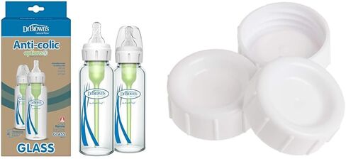 Dr. Brown's Natural Flow Anti-Colic Options+ Narrow Glass Baby Bottle 4 oz/120 mL & Travel and Storage Baby Bottle Caps for Natural Flow and Options+ Baby Bottles - 3-Pack in Saudi Arabia