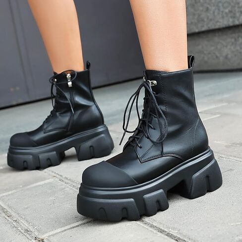 Women's Leather Black Platform Dressy Combat Boots Lightweight Gothic Round Toe Zipper Block Chunky Heel Lug Sole Lace Up Goth Ankle Boots in Kuwait